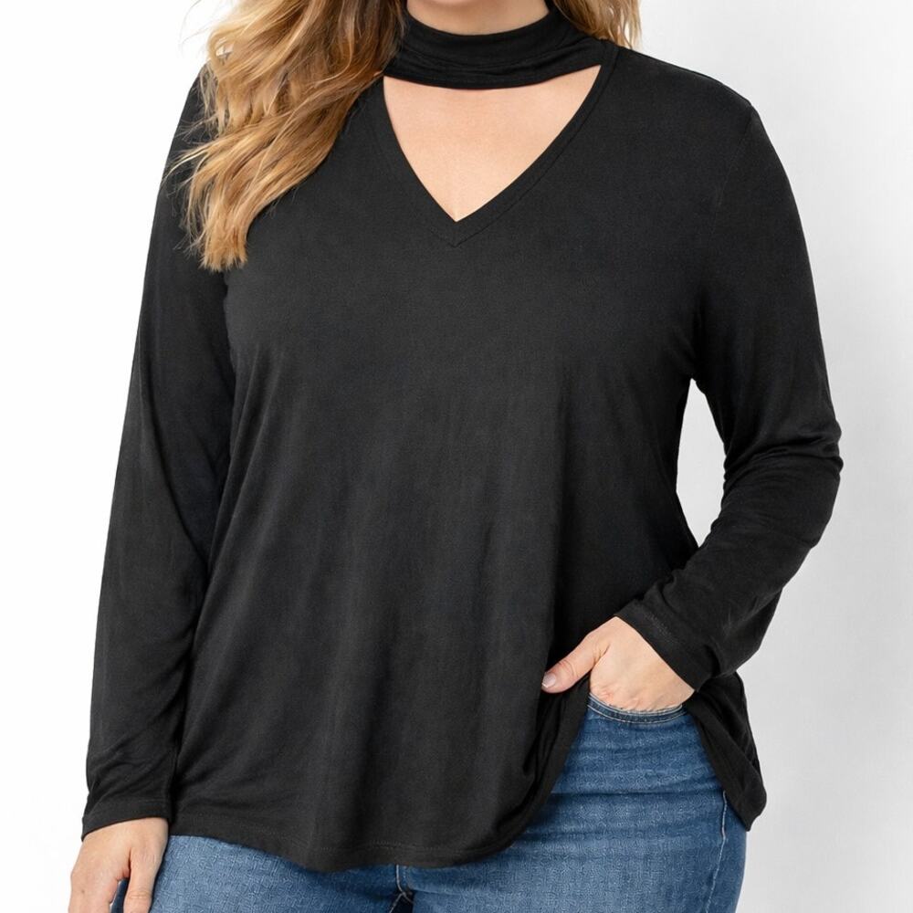Lane Bryant Black V-Neck Long Sleeve Top Size 14/16 Keyhole Back
